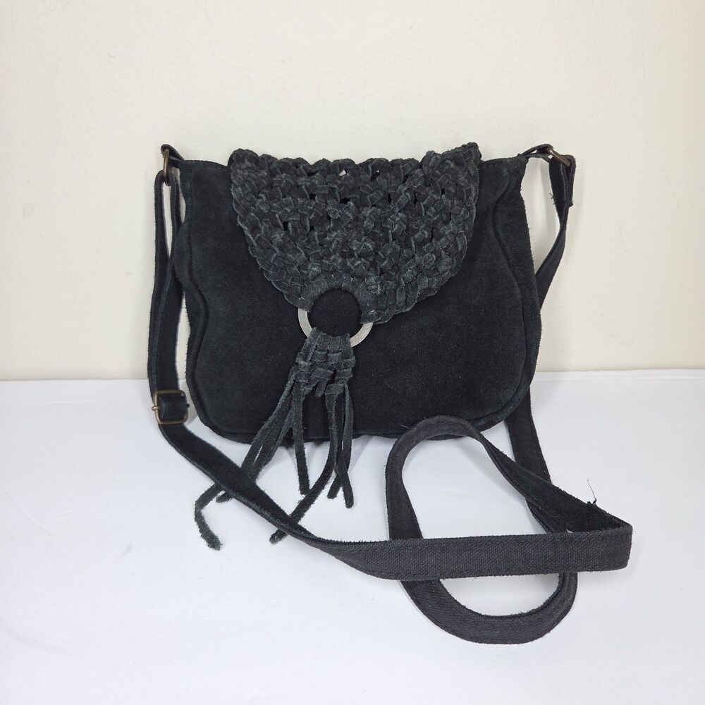 Vtg Y2K Merona Black Leather Suede Small Crossbody Bag Braided Western Festival